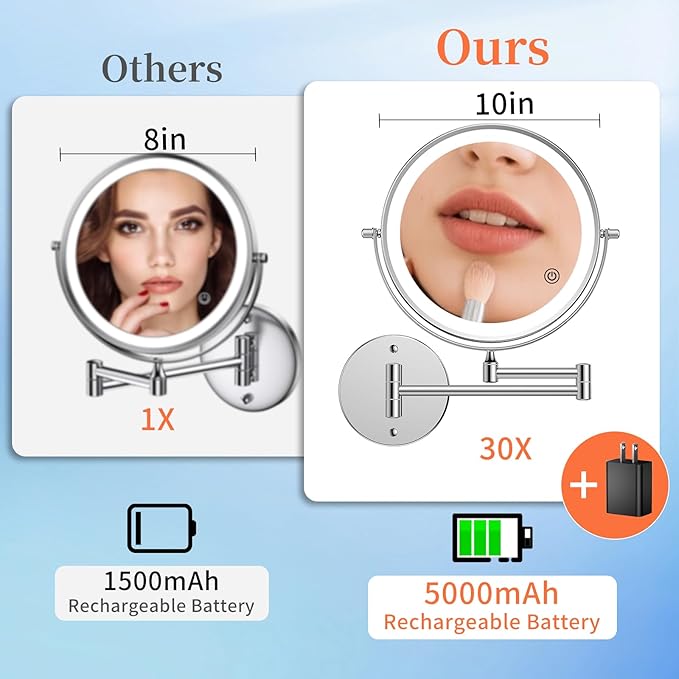 FUNTOUCH 30X/1X Wall Mounted Lighted Makeup Mirror, 5000mAh Rechargeable 9" Double Sided Magnifying Bathroom Mirror, 3 Color Modes Touch Dimmable Extended Arm 360 Rotation with Adapter,Chrome