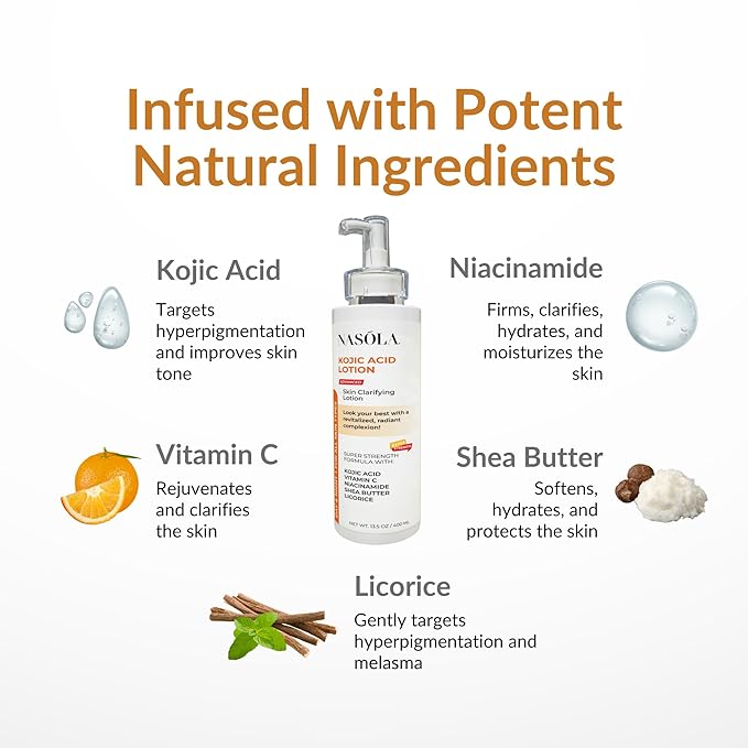 Nasola Kojic Acid Lotion Natural Skin Clarifying for Face & Body with Vitamin C, Niacinamide, Shea Butter, Licorice & Green Tea for Complexion Revitalization, Women & Men