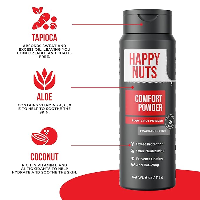 HAPPY NUTS Comfort Powder Deodorant For Men: Anti-Chafing, Sweat and Odor Control for Jock Itch, Aluminum-Free, 6 oz (1 Pack), Fragrance-Free