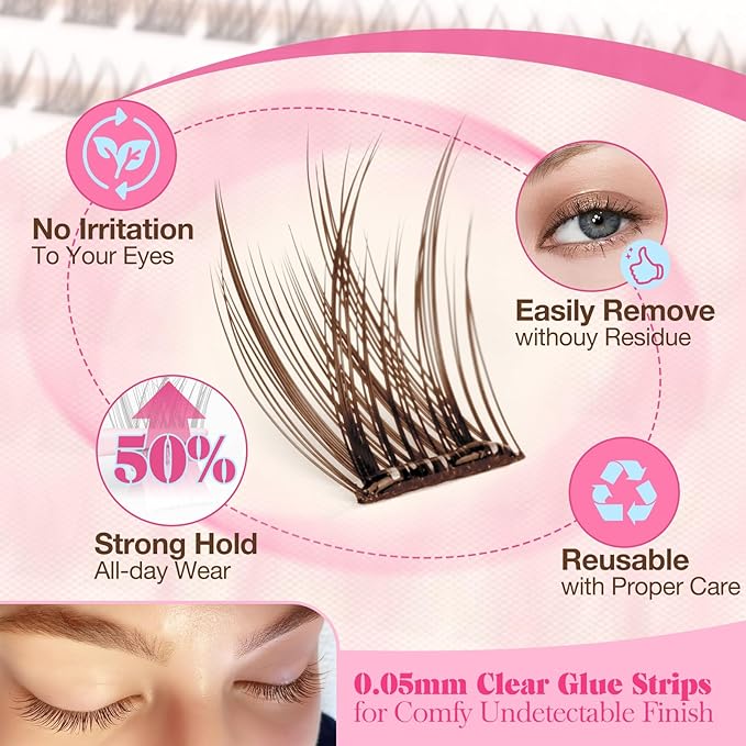 Yawamica Self Adhesive Eyelashes Brown Lash Clusters No Glue Needed Press on Lashes Reusable Pre-glued Eyelash Clusters 8-14mm Wispy Individual Lashes C Curl Cluster Lashes DIY Brown Lash Extension