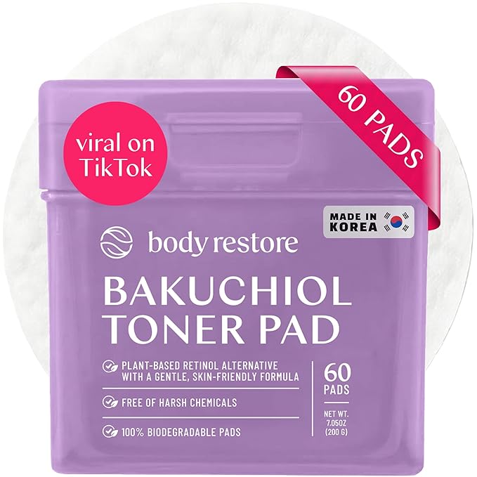 Body Restore Bakuchiol Toner Pads – Valentines Day Gifts for Her and Him, Korean Skin Care, Face Wipe with Niacinamide & Hyaluronic Acid, Travel Essentials, Birthday Gifts for Women and Men