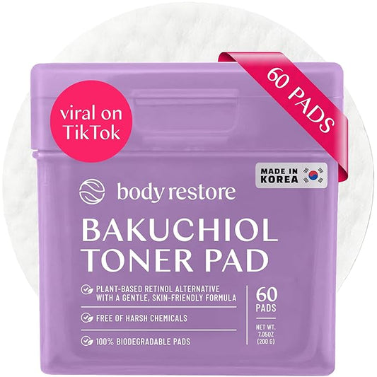 Body Restore Bakuchiol Toner Pads – Valentines Day Gifts for Her and Him, Korean Skin Care, Face Wipe with Niacinamide & Hyaluronic Acid, Travel Essentials, Birthday Gifts for Women and Men