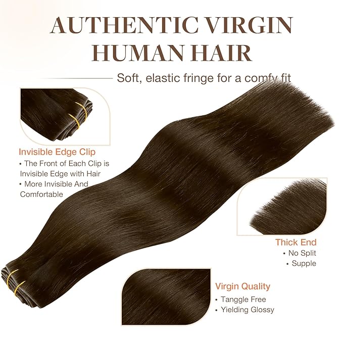 GOO GOO Invisi Edge Clip in Hair Extensions 22inch 110g 7Pcs Injected Seamless PU Clip in Hair Extensions, Virgin Real Human Hair, 4A Chocolate Brown