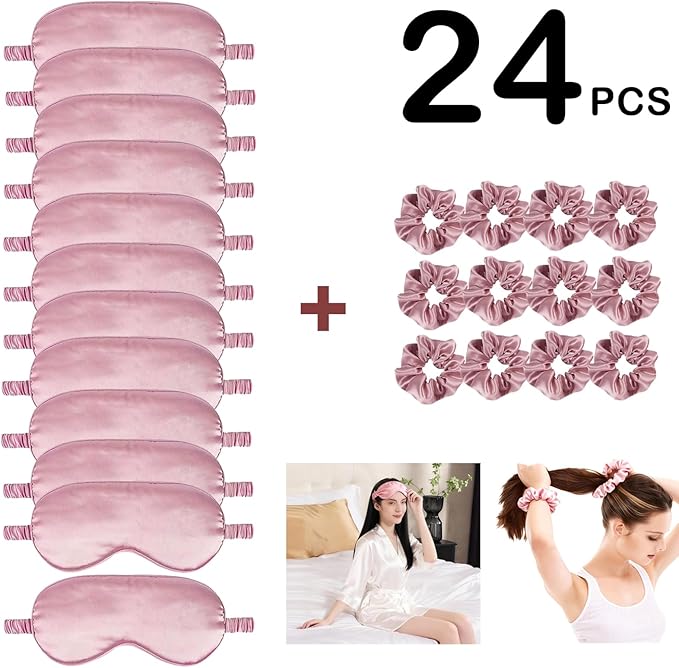 24Pcs Satin Eye Mask Silk Sleep Masks Silky Eyes Cover Blackout Blindfold Eyeshade Scrunchies Hair Ties Travel Wedding Gift