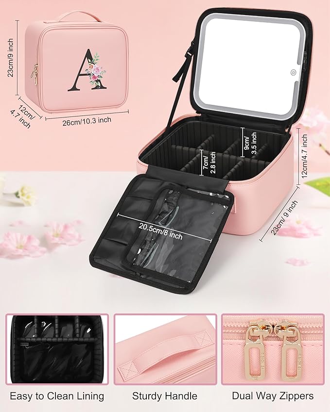 Relavel Initial Makeup Bag with LED Mirror for Women Girls, Personalized Travel Cosmetic Organizer Train Case, Birthday Gifts for Grandkids Bridesmaid Graduation Teacher Friends, Trendy Stuff, Pink P