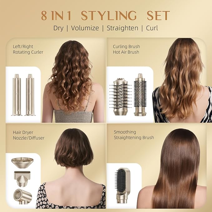 DORISILK 8 in 1 Hair Styler & Hair Dryer Brush Blow Dryer, 110,000 RPM High-Speed Hot Brush Styler and Auto Wrap Curlers, Ionic Smooth for Straightening Curling Volumizing Fast Drying, Champagne Gold