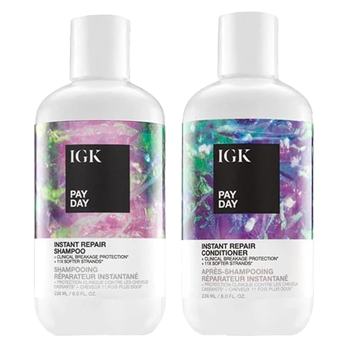 IGK PAY DAY Instant Repair Shampoo & Conditioner Set | Repairs Damage + Boosts Strength | Vegan + Cruelty-Free | 8 oz (Pack of 2)