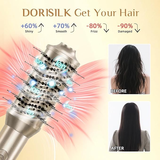 DORISILK 8 in 1 Hair Styler & Hair Dryer Brush Blow Dryer, 110,000 RPM High-Speed Hot Brush Styler and Auto Wrap Curlers, Ionic Smooth for Straightening Curling Volumizing Fast Drying, Champagne Gold