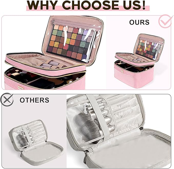 BAFAMYE Double Layer Travel Makeup Bag for Women, Large Cosmetic Case Organizer with Makeup Brush Compartment, Portable Train Case Make Up Bag for Travel-Size