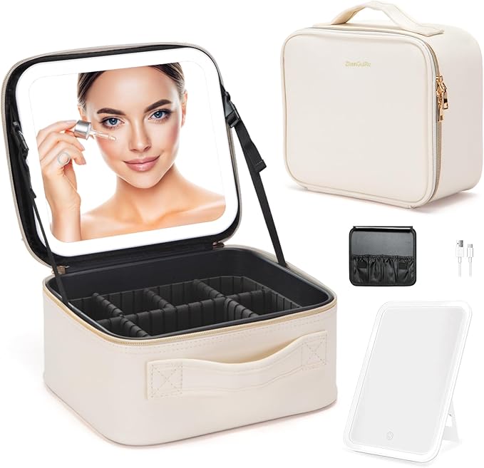 ZhenGuiRu Travel Makeup Bag with LED Mirror – Waterproof Cosmetic Train Case with Adjustable Dividers, Portable Makeup Organizer and Toiletry Bag for Women, Pink Teens & Girls Gift