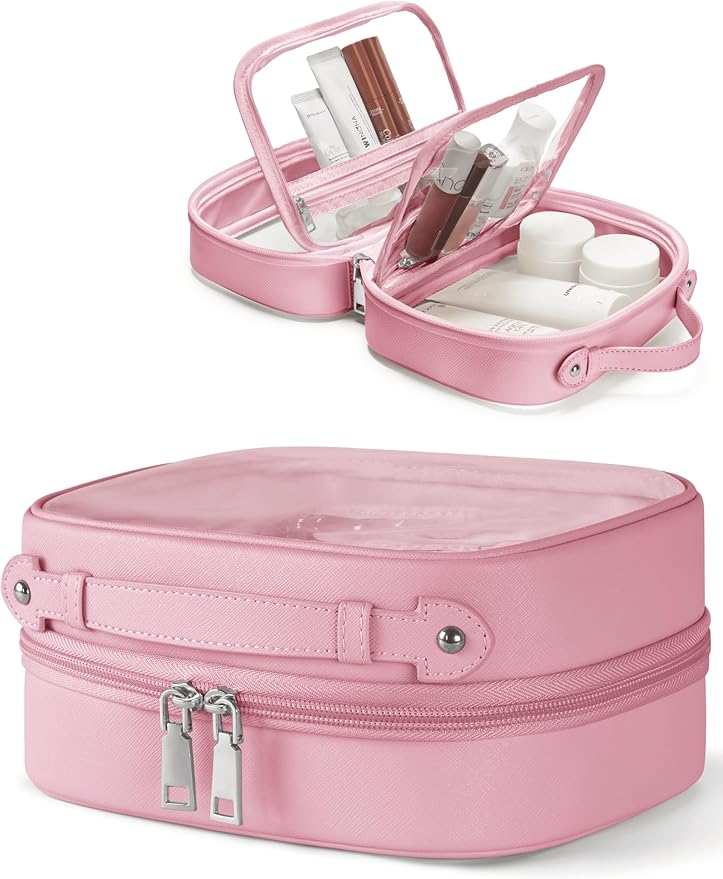 Oaque Clear Cosmetic Bag Double Layer Travel Toiletry Bag Clear Makeup Bag Case with 4 Compartments, Transparent Travel Bag for Toiletries, Large Toiletry Bag for Women Cosmetic Case (Pink, Small)