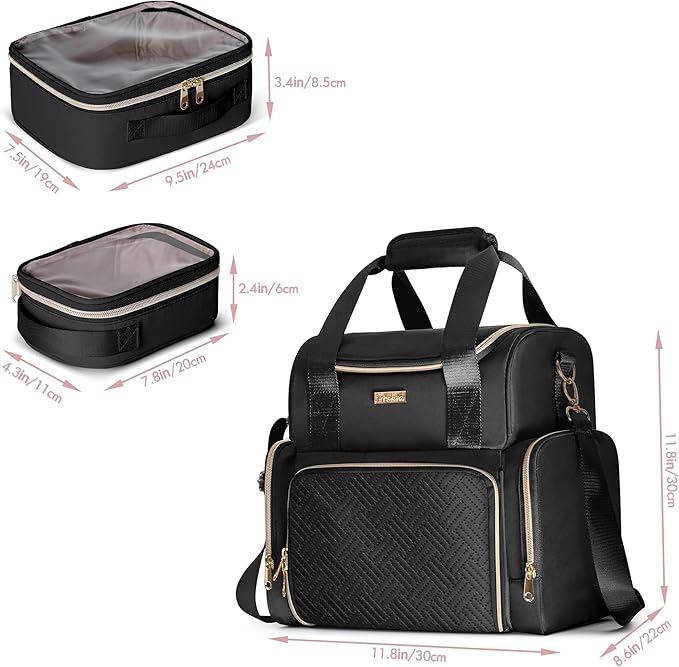 Prokva Large Cosmetic Bag with 3 Removable Case, Double Layer Travel Organizer with Inner Dividers and Makeup Brushes Storage Section, Black (Patented Design)