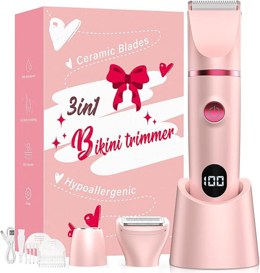 Bikini Trimmer for Women, 3-in-1 Electric Razors for Women, IPX7 Waterproof Rechargeable Cordless Pubic Hair Shaver, with LED Display, for Ladies Bikini Pubic, Face, Underarms, Legs(Pink)