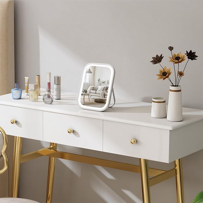 Vanity Mirror with Lights, 6"×8" Travel Makeup Mirror with lights Built-in 1500mAH Battery, Smart Touch with 3-Color Lighting, Dimmable, Compact Desk Mirror, Women Gift, Travel Essentials(White)