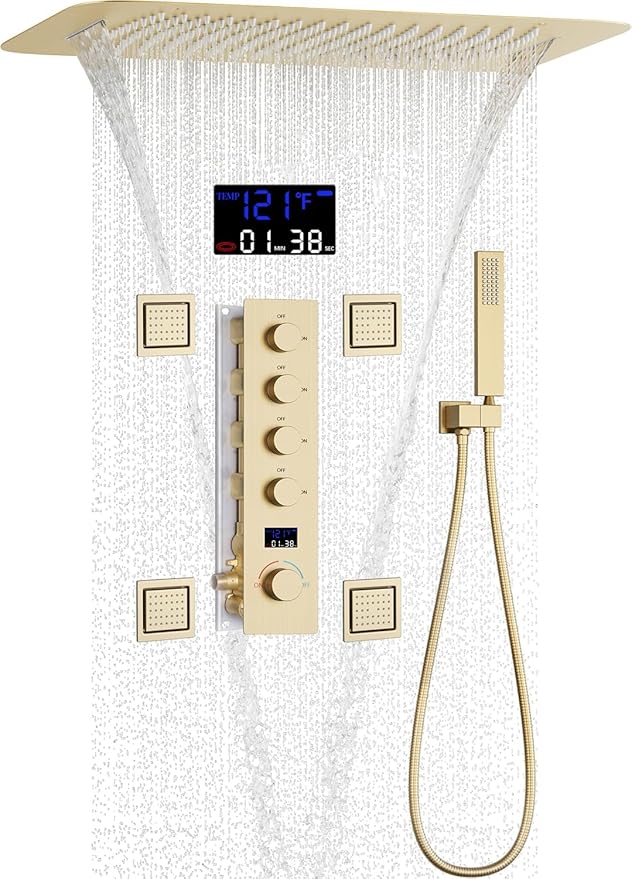 AYIVG Thermostatic Shower System Brushed Gold 4 Functions Complete Shower Faucet Set with 16 * 24 Inches Rainfall and Rain Shower Head Digital Display Shower System with Body Jets