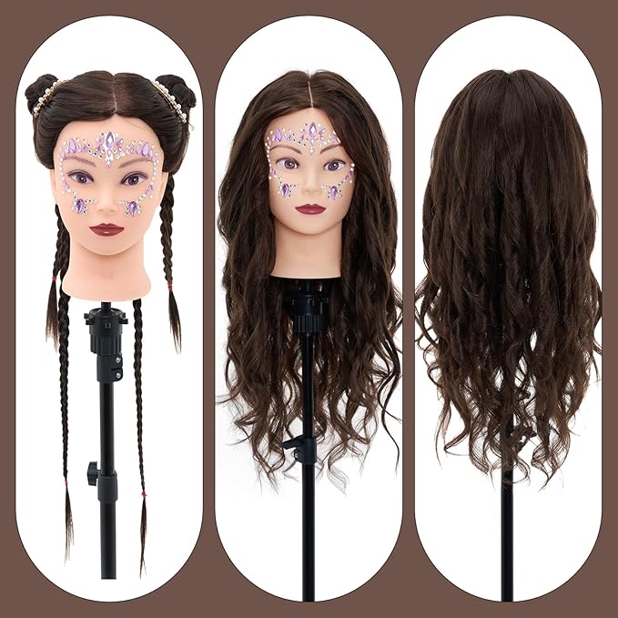 28" Mannequin Head with 80% Real Hair,Cosmetology Manikin Practice Doll Head,Braiding Head with Tripod Stand with Table Clamp + DIY Hair Styling Set #4