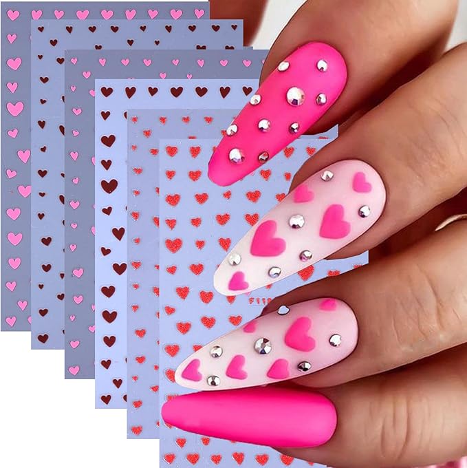 6 Pcs Heart Nail Art Stickers for Nails 3D Self-Adhesive Pink and Red Heart Nail Decals Nail Supplies Valentine Holiday Women DIY Manicure Tips Decoration for Party Salon Nails Salon