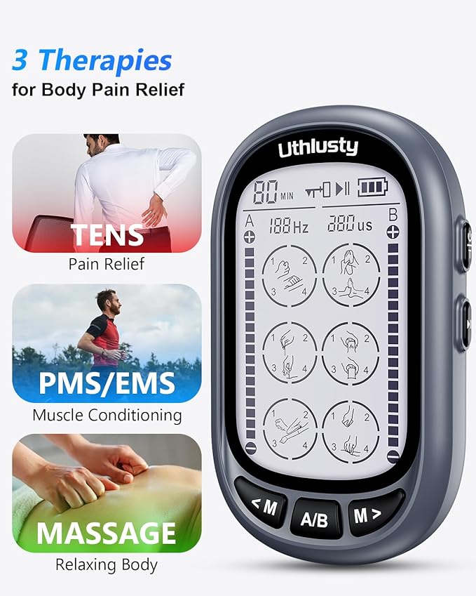 TENS Unit Muscle Stimulator for Pain Relief Therapy, Dual Channel TENS & EMS Machine with 24 Modes, 36 Intensity Levels, Large Screen Design, 10 Reusable Pads – Light Grey (Button Layout A)