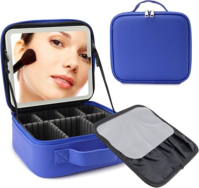SLUMAZI Travel Makeup Bag with LED Mirror Travel Makeup Organizer with 3 Lighted Settings, Adjustable Dividers and Makeup Brush Storage Bag Dark Blue