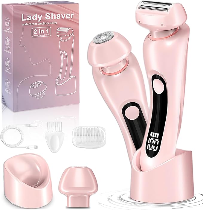 2 in 1 Electric Shaver for Women Wet Dry Dual Use IPX7 Waterproof with LED Display USB Recharge Dock Dry Use Body Hair Trimmer and Facial Hair Remover for Bikini Underarm Leg Arm Face (Pink)