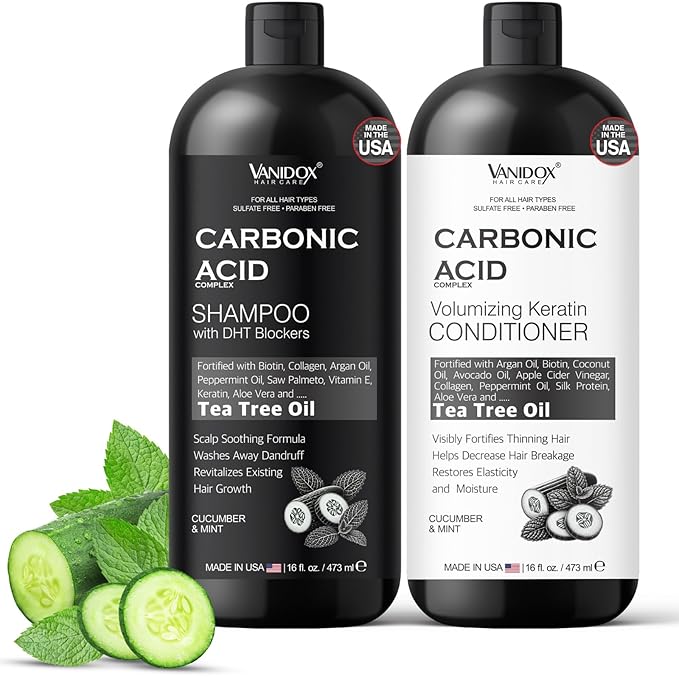 VANIDOX Carbonic Acid Shampoo and Conditioner for Men and Women, Deep Moisturizing Set, Enhances Hair Growth and Repair, Made in USA - 16 Fl Oz Each, Cucumber and Mint Scent