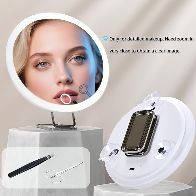 6" 10x Magnifying Mirror with Light Suction Cup,Led Close up Makeup Mirror with 360° Stand,3 Color Lighted Personal Mirror 10x,10 Times Functional Zoom Mirrors for Partial Details