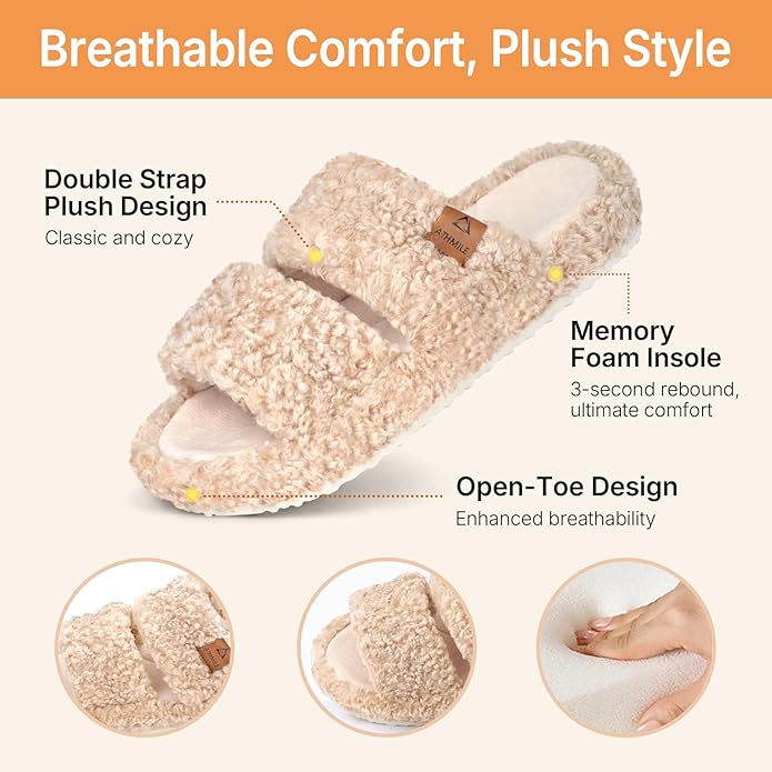 ATHMILE House Slippers for Women with Platform Memory Foam Arch Support Open Toe, Fuzzy Fluffy Cozy Womens Slippers for Home Indoor Outdoor Bedroom Ladies Christmas Gifts Pantuflas Para Mujer