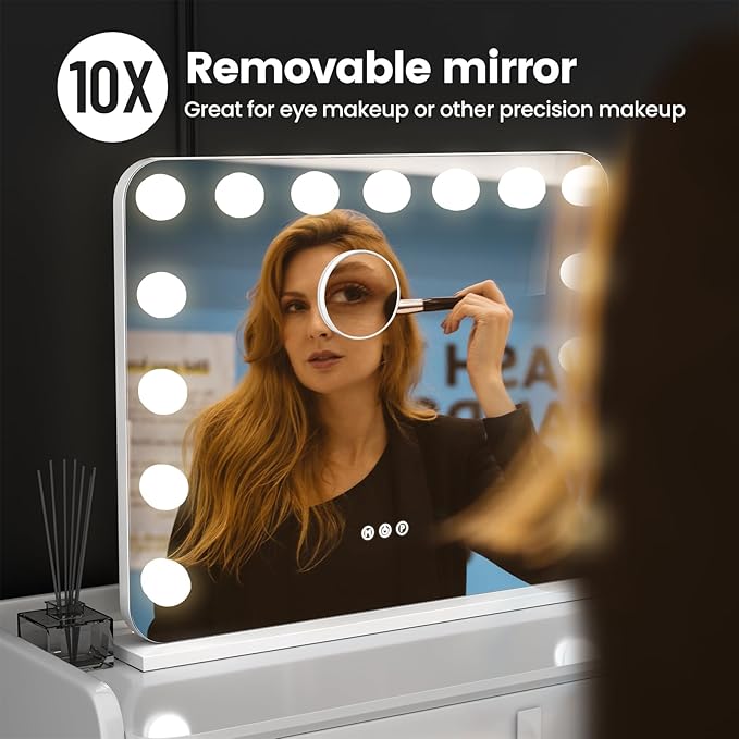 Vanity Mirror with Lights, 23"×18" Hollywood Vanity Mirror with Lights 15 Dimmable LED Bulbs, 3 Color Modes, 10X Magnification, USB Charging Port, Tabletop or Wall-Mounted (White, 23 * 18)