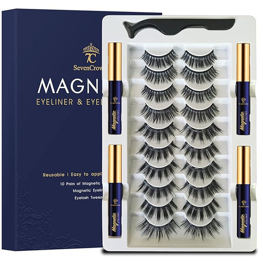 10 Pairs Magnetic Eyelashes Magnetic Lashes with Applicator.Upgraded 4 Tubes of Liner Waterproof, Long Lasting, 3D Natural Look,Reusable False Faux Lashes Easy to Apply.