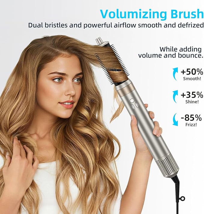 6-in-1 Hair Styler, Hair Dryer, Multi-Function Hot Air Brush Set, Ionic Blow Dryer with Interchangeable Attachments for Curling, Straightening, Volumizing, Gift for Women(Champagne Gold)