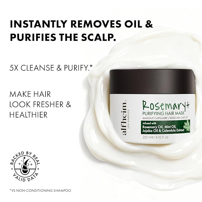 ALFHEIM Rosemary+ Purifying Hair Mask – Deep Hydrating & Balancing Treatment for Oily & Fine Hair with Rosemary, Peppermint & Jojoba Oils – Strengthens, Smooths & Refreshes – Sulfate Free – 8.45 oz