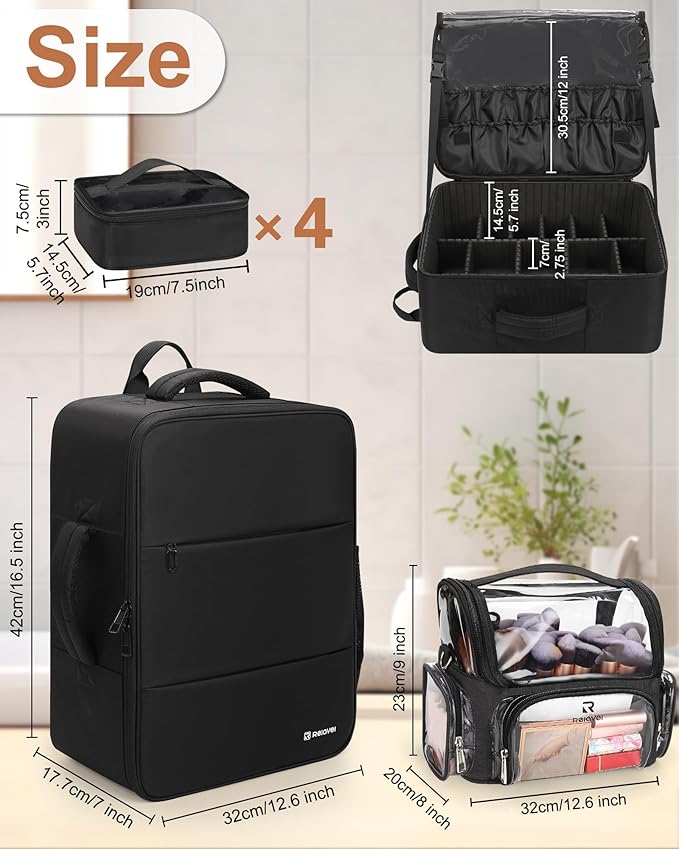 Relavel Makeup Bag Travel Train Case Makeup Backpack with 4 Clear Bags & Makeup Brush Case, Professional Makeup Artist Kit Set Bags, Cosmetics Storage Organizer Box with Adjustable Dividers, Black