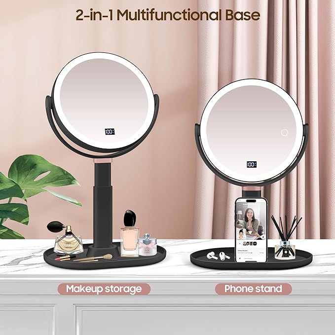 Magnifying Mirror with Light 30X/1X, Digital Display, Smart Touch Control, Vanity Mirror with 3 Color Lights, 360 Rotate, Height Adjustable Lighted Magnifying Mirrors for Desk Travel