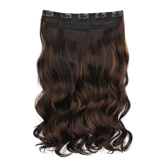 REECHO 16" 1-Pack 3/4 Full Head Curly Wavy Clips in on Synthetic Hair Extensions HE008 Hairpieces for Women 5 Clips 3.9 Oz per Piece - Dark Brown with Chestnut Highlights