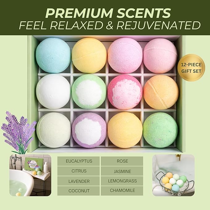 Bath Bombs Gift Set, 12 Pack Aromatherapy Bath Bombs for Women & Men Relaxation – Spa Bath Fizzies with Lavender & Eucalyptus, Self Care Gifts