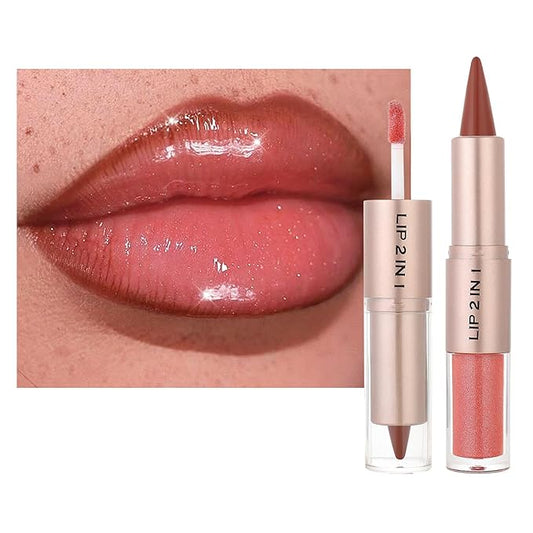 Red Brown Lip Liner and Gloss Set, Plumping Lipgloss Lip Combo Sets for Black Women,Lip Kit with Lip Liner and Gloss, Long Lasting High Pigmented Lip Kit, Waterproof Lip Combo Makeup #6 (04)