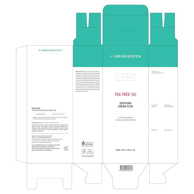 BRING GREEN Tea Tree Cica Soothing Cream Plus 100ml Korean Skin care (Pack of 2)