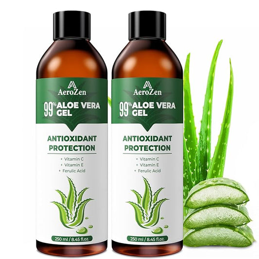 Aero Zen 99% Natural Aloe Vera Gel (2-Pack) | Daily Hydration & After-Sun Relief | Lightweight Alcohol-Free Formula, Deeply and Quickly Soothes Skin, Suitable for Face/Body/Hair - 16.9 fl oz