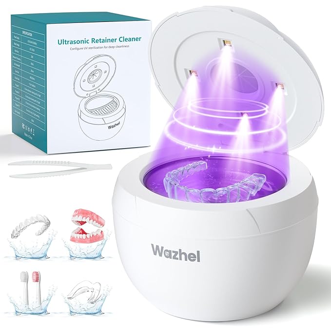 Ultrasonic Retainer Cleaner Machine, 45kHz Dental Cleaning Pod for Denture, Mouth Guard, Night Guard, Aligner, Braces, Toothbrush, 200ML Denture Cleaner with Digital Timer & 4 Modes, White