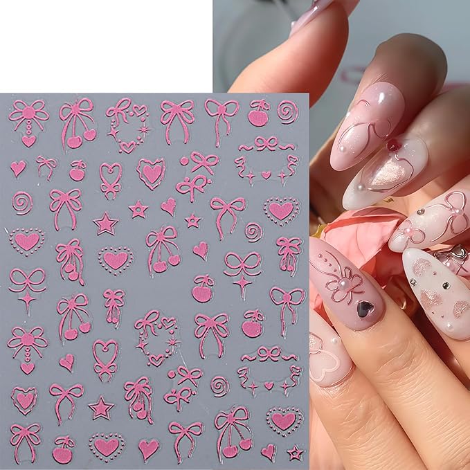 6 Sheets Heart Bow Tie Nail Art Stickers Decals 3D Self-Adhesive Bow Cherry Pegatinas Uñas Gold Pink Laser Hollow Heart Nail Supplies Y2K Star Heart Nail Art Design Decoration Accessories for Women