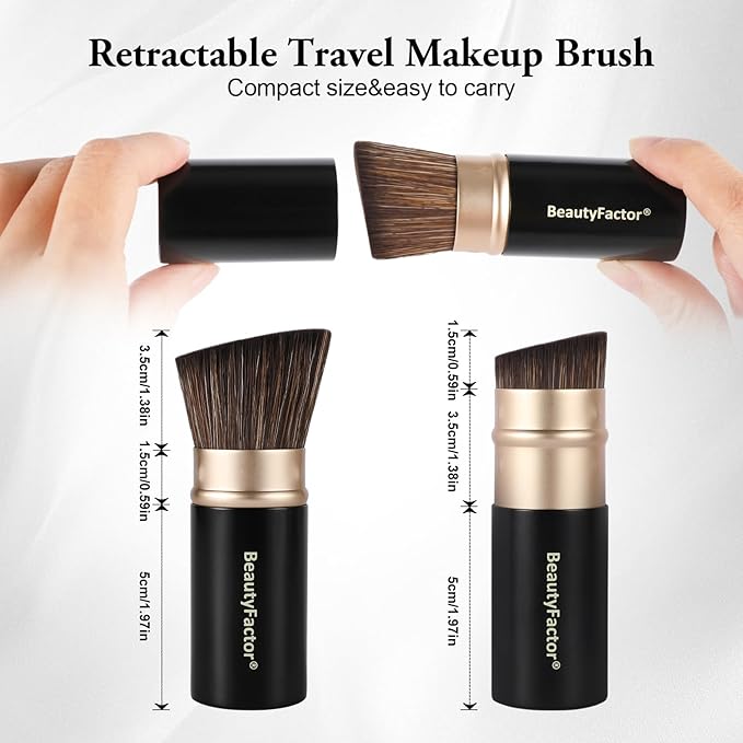 Retractable Kabuki Makeup Brush, Angled Top Travel Makeup Brush Portable Powder Brushe for Liquid Cream and Powder Face With Aluminum Handle