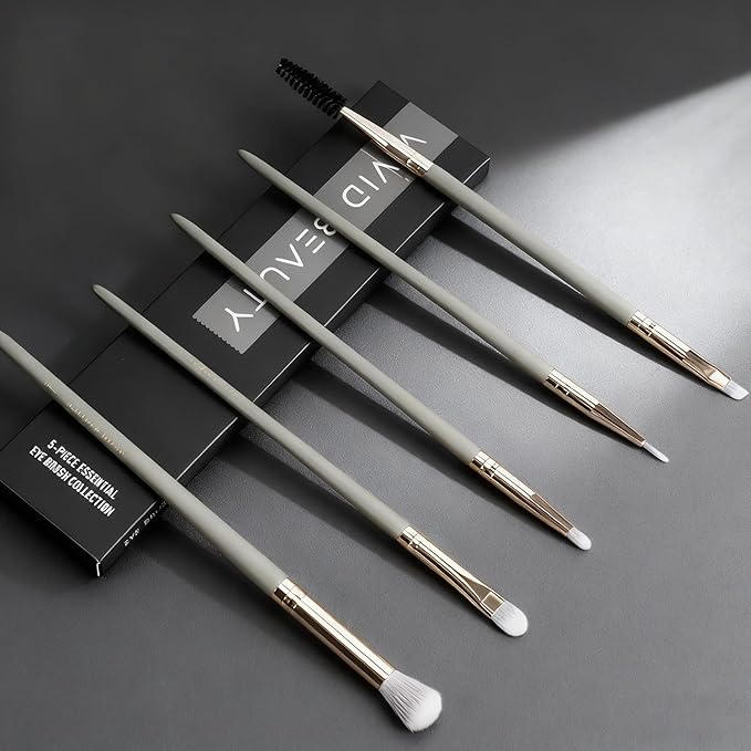 Small Makeup Brush Set 5pcs, Eye Makeup Brushes for Eyeshadow, Eyeliner & Eyebrow – Tiny Makeup Brush with Blending, Concealer, Detail & Dual-Ended Brow Spoolie, Wooden Handle, Eye Brush Kit (Grey)
