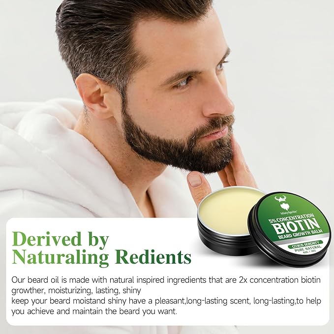 Beard Balm, 5% Concentration Biotin Beard Balm for Men (2 oz) - Natural Mens Beard Oil with Castor Oil，Argan Oil, Jojoba Oil and Vitamin,Thickening for Beard，Beard Growth Softener