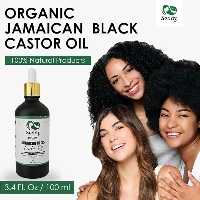 Seddy Organic Jamaican Black Castor Oil with Rosemary & Peppermint – Cold-Pressed, Hexane-Free Hair Growth & Scalp Treatment Oil for Thicker, Stronger Hair, Edges & Beard – 3.4 fl oz