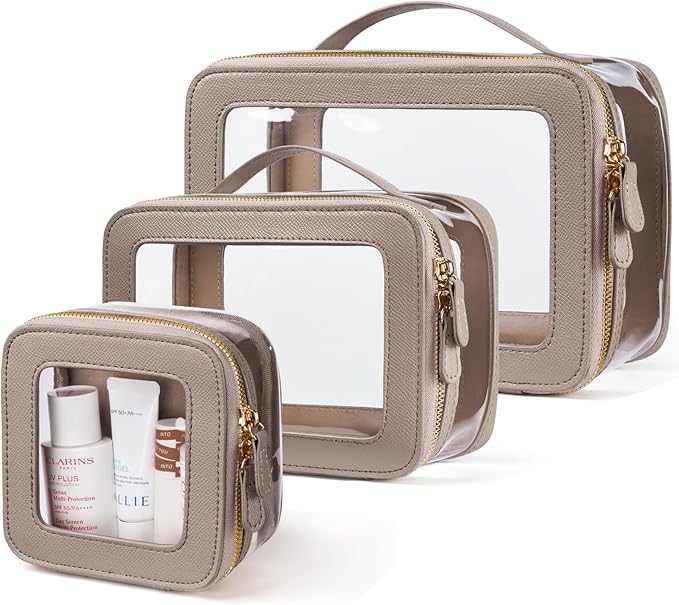 Oaque Clear Cosmetic Bag Set for Women Makeup Bag with Handle, 3 Pcs Travel Toiletry Bag Transparent Cosmetic Case Portable Make Up Organizer Bag for Essentials (Stone, Mini+S+L)