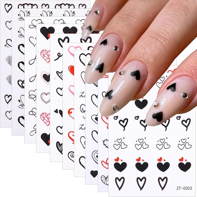 10 Sheets Heart Nail Stickers Valentines Nail Decals 3D Self-Adhesive Various Styles of Heart-Shaped Nail Art Stickers Valentine's Heart Stickers DIY Manicure Decoration for Women