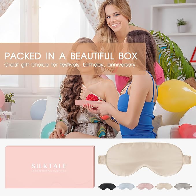 SILKTALE Soft Real Silk Light Blocking Cooling Sleep Eye Mask for Women/Men/Travel/Airplane,Beige