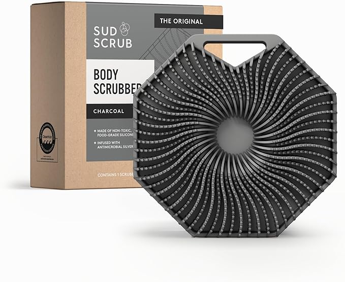 Sud Scrub® Antimicrobial Silicone Body Scrubber, Exfoliating Body Scrubber for Sensitive Skin, Eco Friendly Shower Scrubber for Body, Silicone Body Brush for Showering, Charcoal