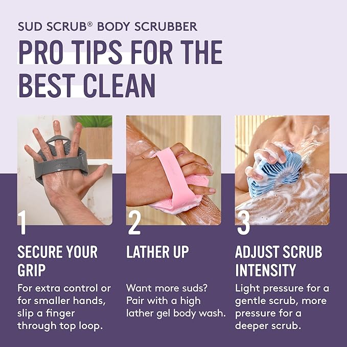 Sud Scrub® Antimicrobial Silicone Body Scrubber, Exfoliating Body Scrubber for Sensitive Skin, Eco Friendly Shower Scrubber for Body, Silicone Body Brush for Showering, Purple