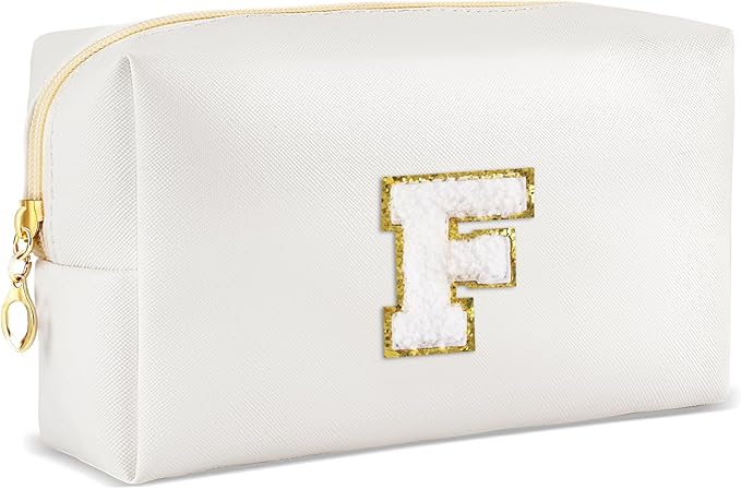 URSKYTOUS Gifts for Girls Initial Makeup Bag Personalized Cosmetic Bag with Zipper Cute Travel Toiletry Bags Waterproof PU Preppy Makeup Pouch Birthday Gift for Teen Girls Women(White F)
